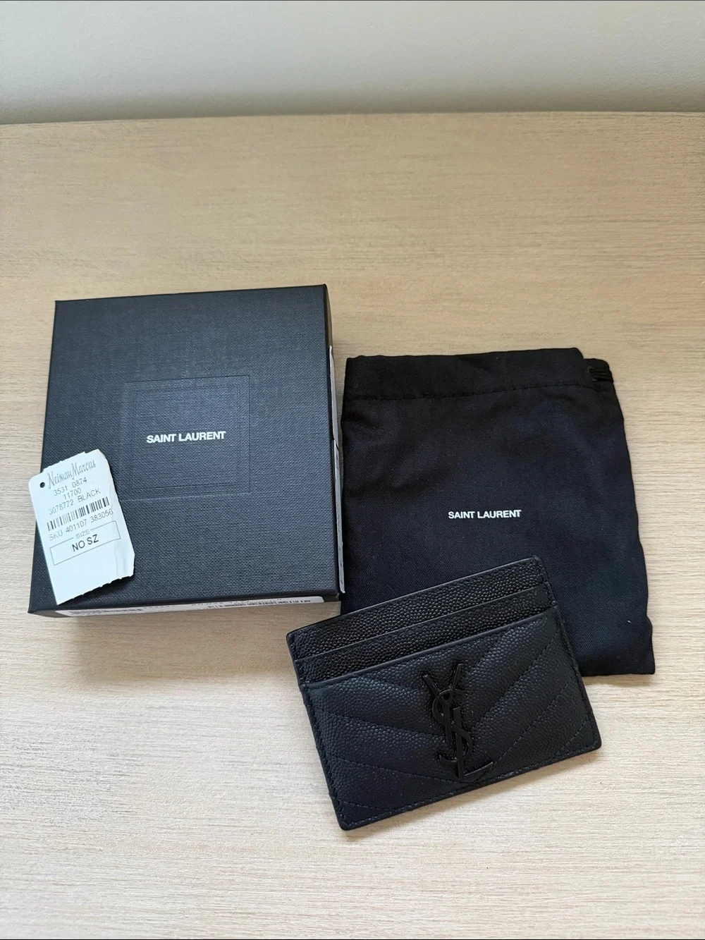 Yves Saint Laurent Black Quilted Chevron Leather Card Holder with YSL Logo